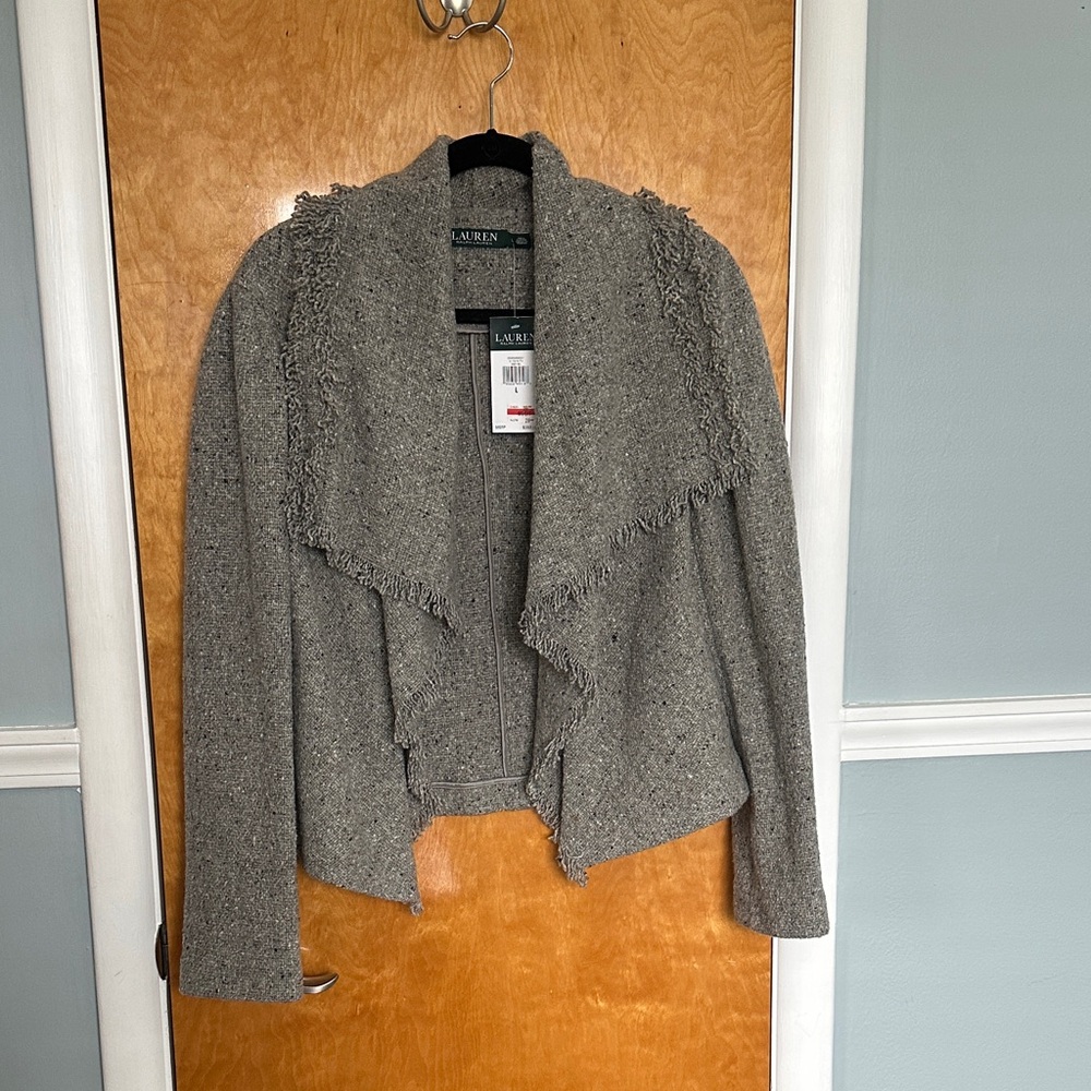 Lauren Ralph Lauren Gray Fringed Open Cardigan Jacket